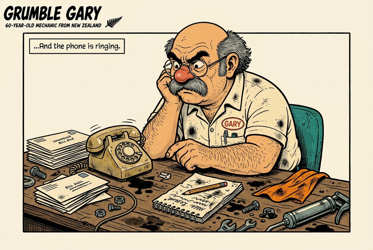 Grumble Gary at a cluttered desk with an old rotary phone and a stack of unopened envelopes, glaring at the phone