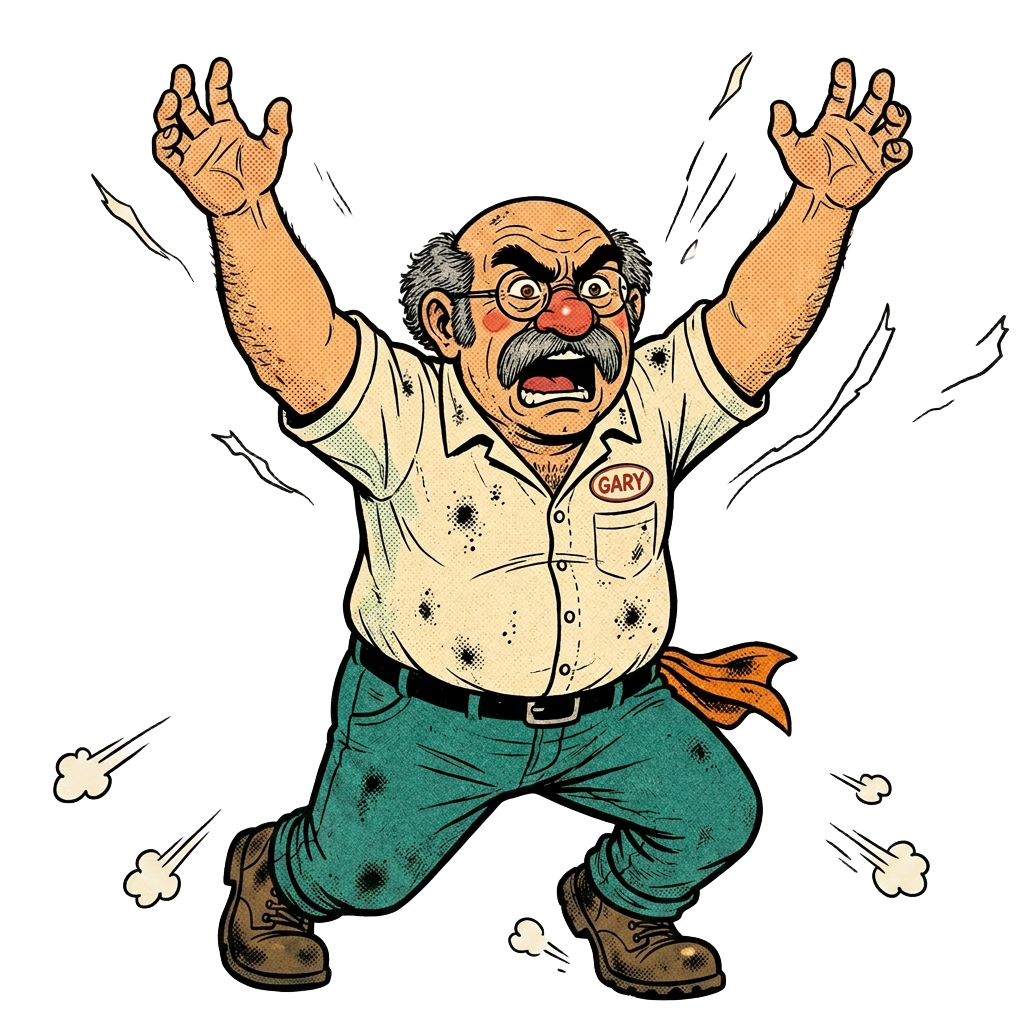 Grumble Gary, a grumpy old mechanic with thick glasses and a bushy moustache, arms raised mid-rant