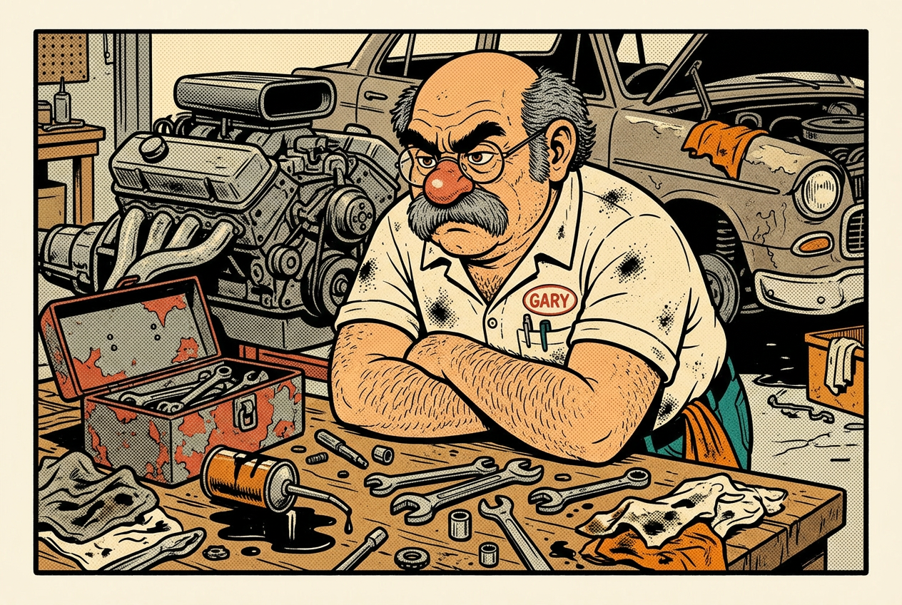 Grumble Gary at his cluttered garage workbench, arms crossed